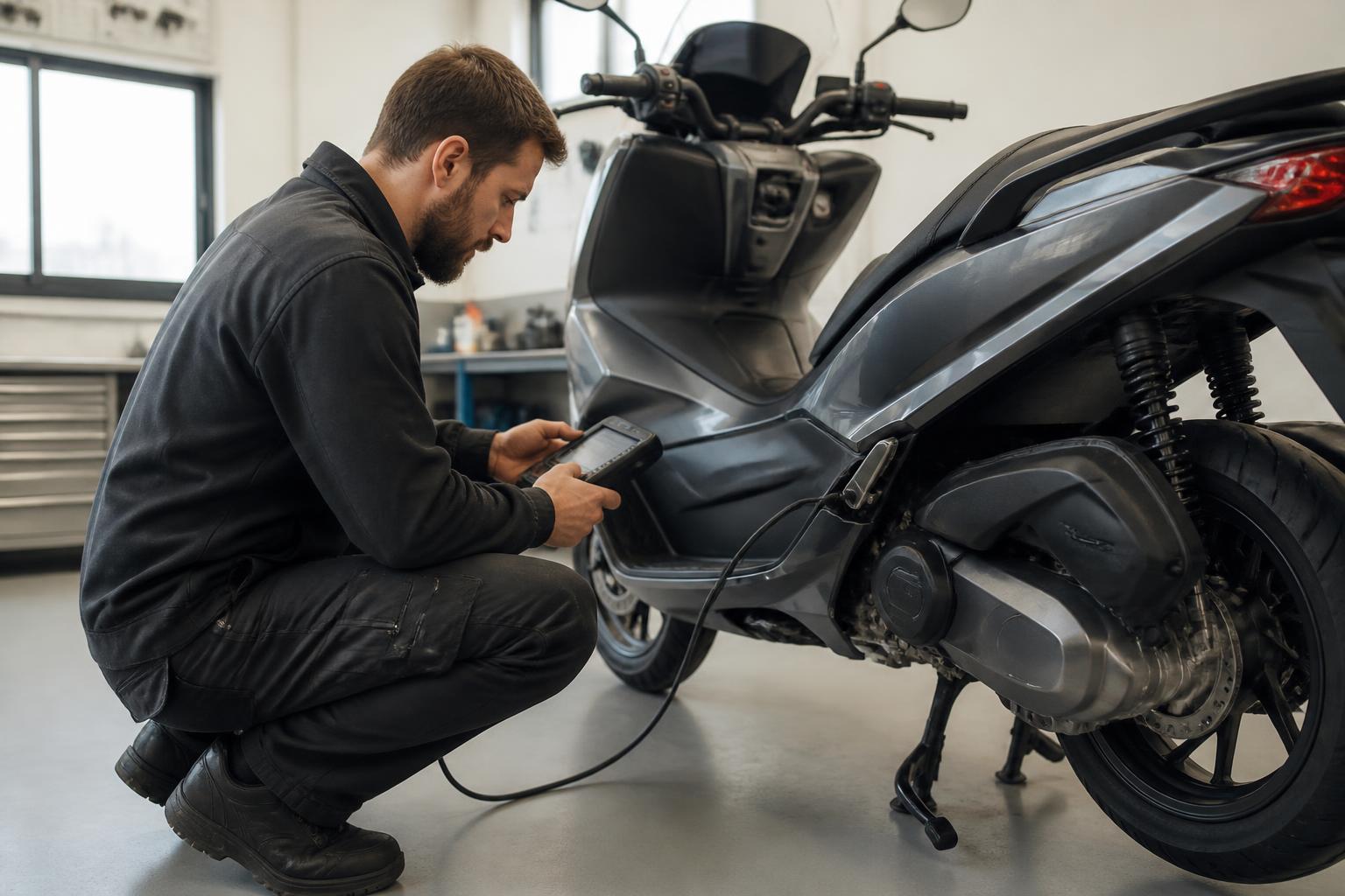 Tekniker sitter på huk vid en grafitgrå scooter med ett diagnosinstrument inkopplat i fordonets diagnosuttag.