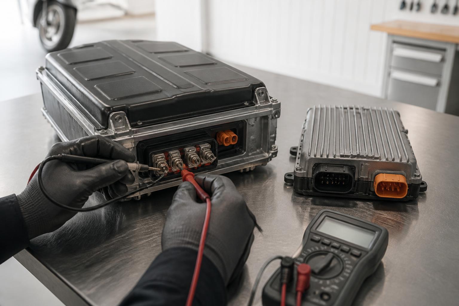 Handskklädda händer mäter med multimeter på polplinten till ett urtaget batteripaket på en arbetsbänk, med styrenhet bredvid.