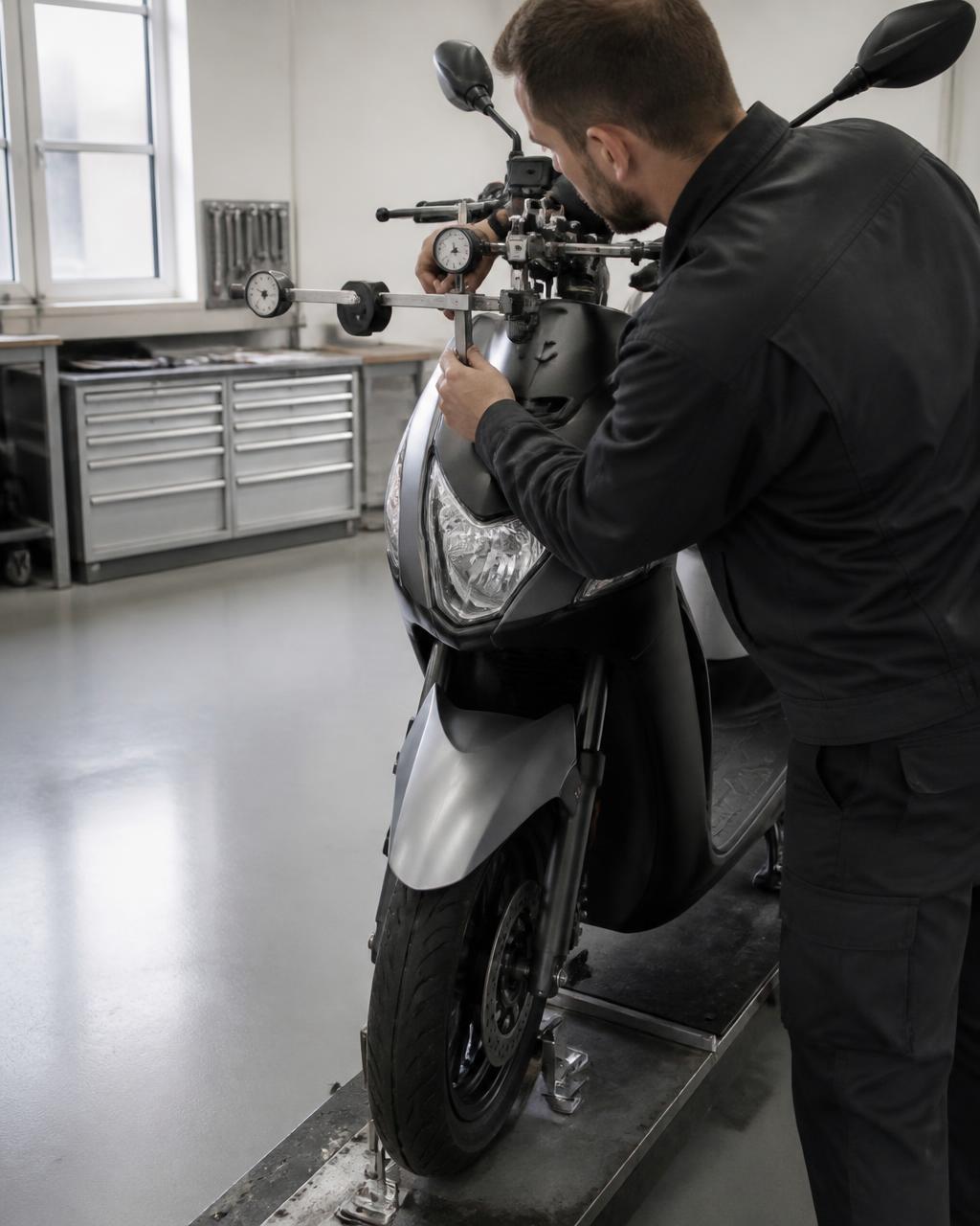 Tekniker sedd snett bakifrån läser av en mätklocka vid styrhuvudet på en grafitgrå scooter.